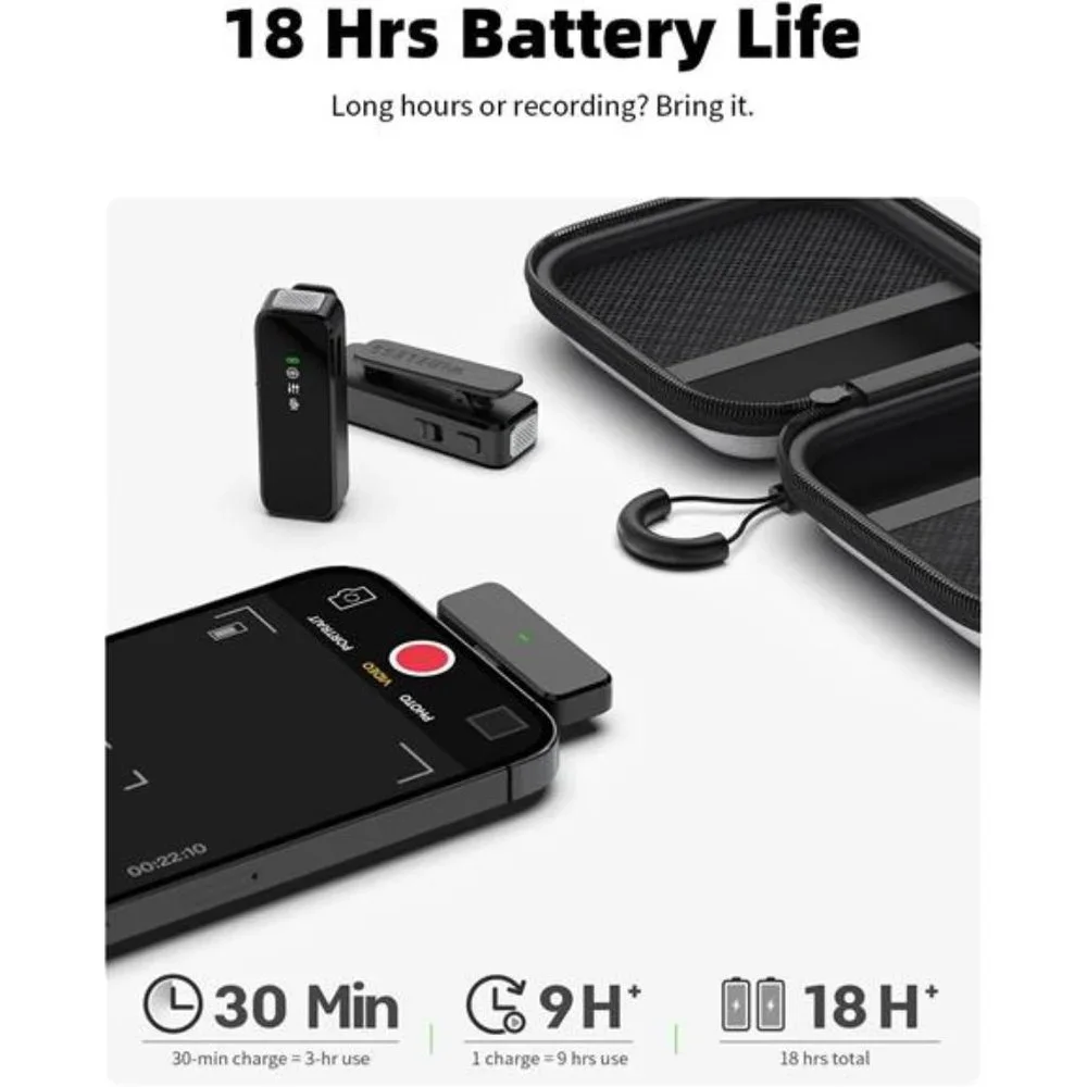 Wireless Lavalier Microphone with Noise Cancellation, 18H Battery Life